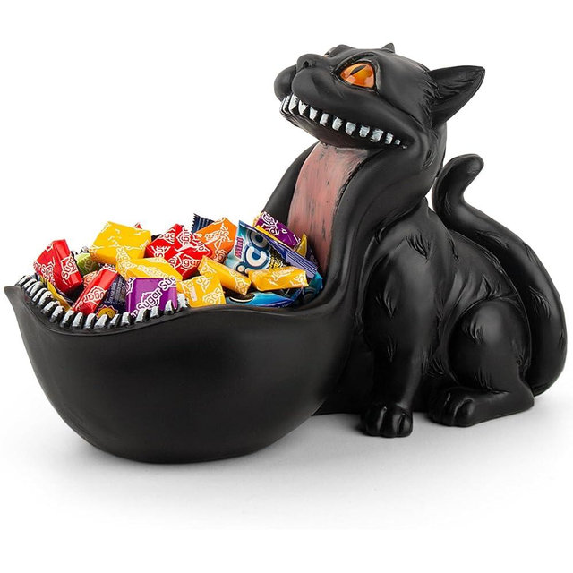 Cat Candy Bowl Gothic Decor Black Cat Statue Decorative Bowl Large Candy Dish for Office Desk Cute Key Bowl for Entryway Table Big Mouth Cat Gifts