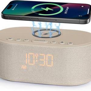 Sound Machine Alarm Clock for Bedrooms: Bluetooth 10W Stereo Sound Speaker with Wireless Charging - White Noise Machine for Sleeping with 21 Soothing Sounds - Putty