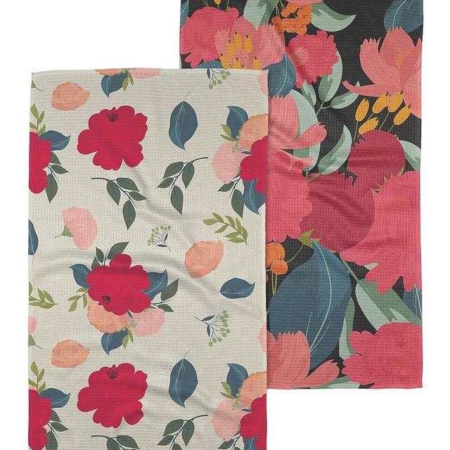 GEOMETRY Kitchen Tea Towel - Quick Dry Microfiber Cloth Dish Towels for Kitchen Drying - Premium Quick Dry Towel - My Garden + Showered with Love (Roses for You 2-Pack Set)