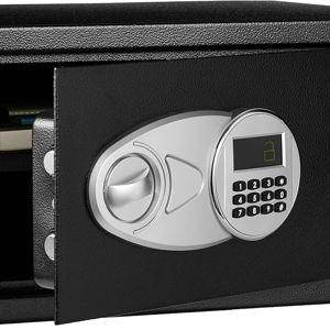 Amazon Basics Steel Security Safe and Lock Box with Programmable Electronic Keypad, for Valuables, Cash, Jewelry, Documents, Black, 1 Cubic Foot, 16.9-x-14.6-x-9.1-inches (WxDxH)