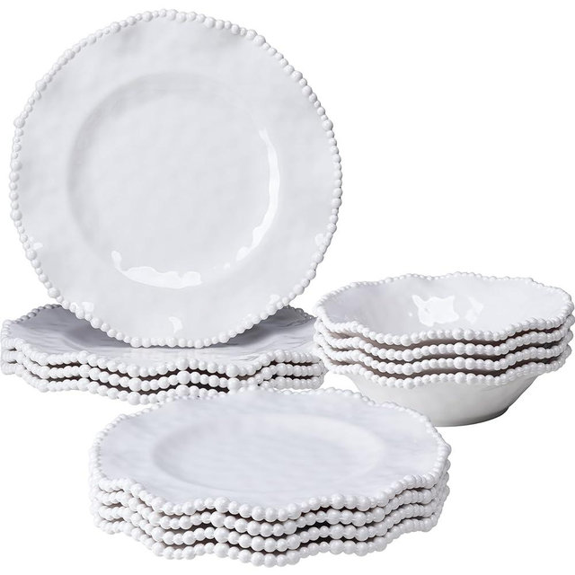 ZAROCRUS Cream 12pcs Beaded 100% Melamine Dinnerware Set, Elegant Scalloped Edge Durable & Shatterproof Outdoor Dining Set,Unbreakable Plates & Bowls Set for Indoor/Outdoor Use, Dishwasher Safe