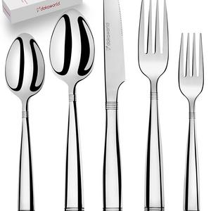 DOKAWORLD - Silverware Set 18/10 Stainless Steel - Elegant Flatware Set of 20 Pieces - Eating Utensils for 4 People - Modern Cutlery Kit of Dinner Forks - Spoons Knives Dessert Forks and Spoons