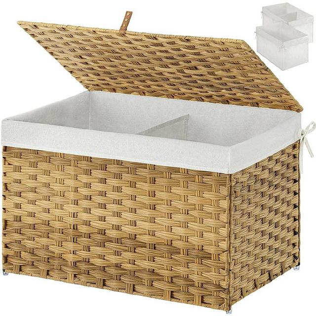 Greenstell Storage Basket with Lid, Handwoven Large Shelf Basket with Cotton Liner and Metal Frame, Foldable & Easy to Install, Storage Box Basket with Handle for Bedroom, Laundry Room Natural 105L