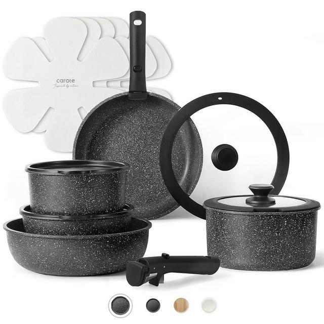 CAROTE 15pcs Pots and Pans Set Non Stick, Cookware Sets, Kitchen Set, Oven/Dishwasher/Fridge Safe, Space Saving Pots Set, Nonstick Set with Versatile Detachable Handle, Induction RV Set, Black