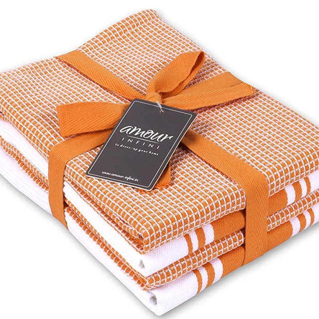 AMOUR INFINI Classic Kitchen Towels | 2 Stripe + 2 Waffle | 28 x 20 Inch, Over Sized | Multi-use Dish Towels |100% Ring Spun Premium Cotton | Highly Absorbent | Orange