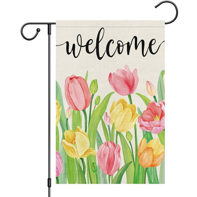 Heyfibro Welcome Spring Summer Garden Flag 12 x 18 Inch Vertical Double Sided Burlap, Tulip Flower Floral Garden Flags for Seasonal Holiday Farmhouse Yard Outdoor Decor(ONLY FLAG)