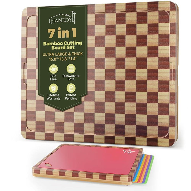 Bamboo Wooden Cutting Boards for Kitchen, Bamboo Wood Cutting Board Set with 6 Flexible Plastic Cutting Mats, Chopping Board Set with Gift Box, Chopping Boards for Kitchen Dishwasher Safe