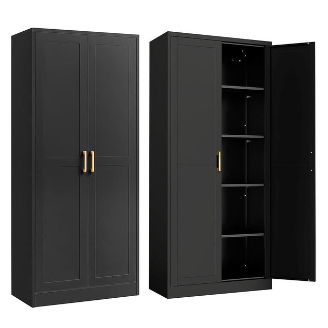 Kitchen Pantry Cabinet,71”Black Metal Pantry Storage Cabinet with Doors and 4 Adjustable Shelves,Kitchen Cabinet with 2 Gold Handles,Tall Cabinet for Livingroom,Pantry, Bathroom