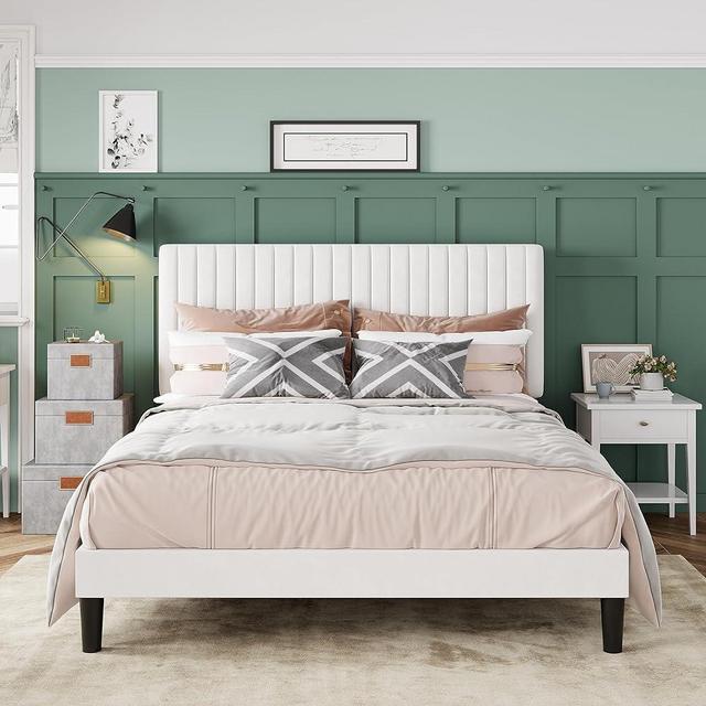 Allewie Queen Bed Frame, Velvet Upholstered Platform Bed with Adjustable Vertical Channel Tufted Headboard, Mattress Foundation with Strong Wooden Slats, Box Spring Optional, Easy Assembly, White