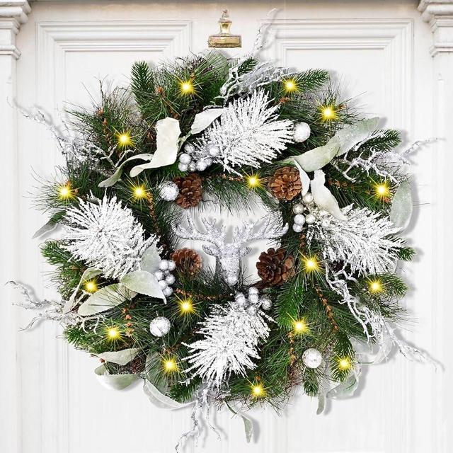 Christmas Wreath Decorations - 2 Pack 20'' Christmas Wreaths for Front Door with Lights Silver Christmas Reindeer Berries Pine Cones Pine Needles Wreath for Home Wall Window Porch Indoor Outdoor Decor