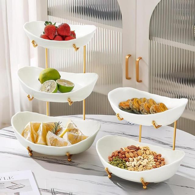 Ceramic Fruit Bowl for Kitchen Counter - 3 Tier Fruit Basket with Metal Stand, Tiered Fruit Stand for Countertop, Snack, Nuts, Cake, Dessert, Small & Cute (Gold)