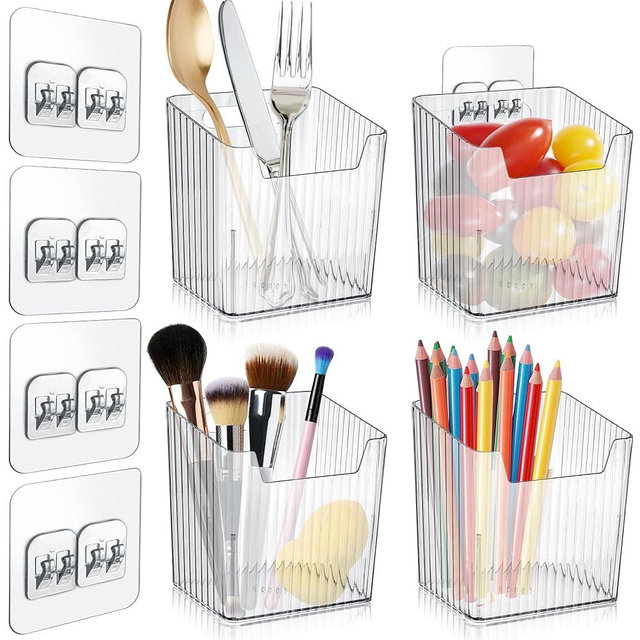 MZYIWUU 4 Pack Acrylic Wall Mount Organizer, Adhesive Cabinet Door Storage Bins, Clear Makeup Containers, Stackable Organizer Basket for Kitchen, Bathroom, Cabinet, Pantry, Office