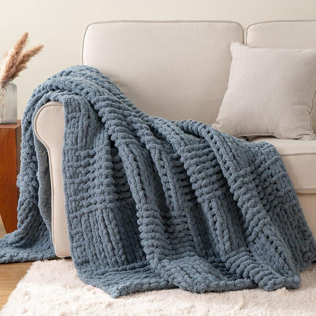 Bunnikins & Clover Dusty Blue Throw Blanket, Handmade Chenille Cable Chunky Knit Throw for Couch, Blue Grey Throw Blanket for Home Decor, 50"x60"