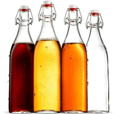 Swing Top Clear Glass SQUARE Bottle With Airtight Stopper - 33.75 oz (4 Pack) Fliptop Grolsch Bottles Great for Oil and Vinegar, Beverages, Kombucha, Homemade Juices, Smoothies, Homebrewing, Beer.