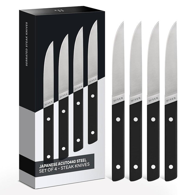 Misen ACUTO Straight-Edge 4-Piece Steak Knife Set - Precision Forged Full Tang Blades, Ergonomic POM Handles, Long-Lasting Sharpness, Easy to Maintain - For Professionals and Home Cooks - Black