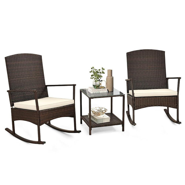 Tangkula 3 Pieces Rocking Wicker Bistro Set, Outdoor Front Porch Rocker Chairs Conversation Set with 2-Tier Tempered Glass Coffee Table and Thick Cushions for Garden, Balcony, Poolside (Off White)