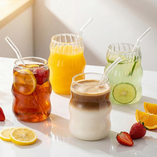 Acellegic 8 Pcs Ribbed Glass Cups 18 oz Vintage Aesthetic Iced Coffee Glasses with Glass Straws Bubble Cup Wavy Textured Drinking Glassware for Beverage Tea Juice Cocktails