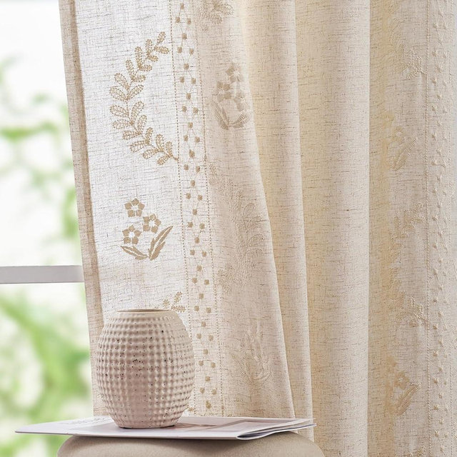 jinchan Linen Curtains Floral Curtains for Bedroom Boho Curtains 84 Inch Length Ivory Embroidered Curtains Rod Pocket Back Tab Farmhouse Flower Patterned Drapes Living Room Window Curtain Set 2 Panels