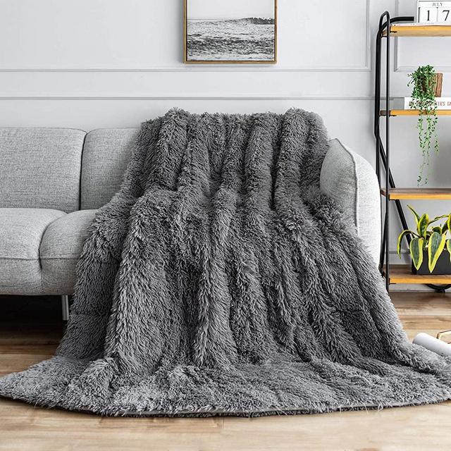 BUZIO Shaggy Faux Fur Weighted Blanket 20lbs, Super Soft Plush Fleece and Cozy Sherpa Reverse, Long Fur Fluffy Bed Throw Blankets 60"x80" Grey