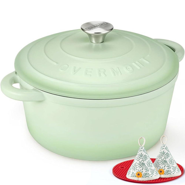 Overmont Enameled Cast Iron Dutch Oven - 7QT Pot with Lid Cookbook & Cotton Potholders - Heavy-Duty Cookware for Braising, Stews, Roasting, Bread Baking Verdant
