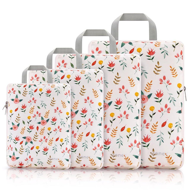 Gonex Compression Packing Cubes, 4pcs Expandable Storage Travel Luggage Bags Organizers (4 PCS Floral Pink)