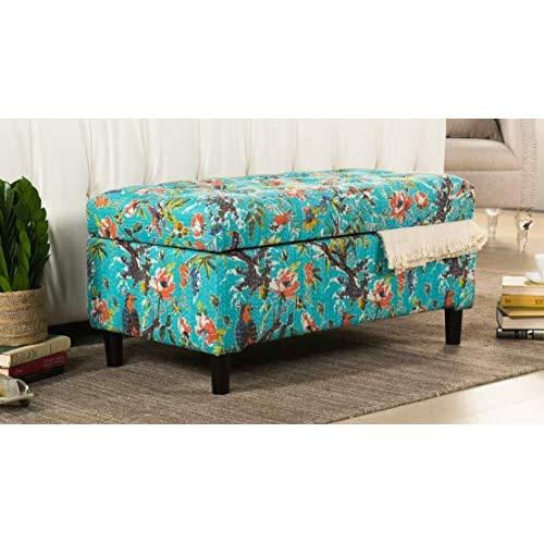 Jennifer Taylor Home Naomi Collection Bohemian Style Cotton Upholstered Hand Tufted Storage Accent Entryway Bench With Floral Bird Print, Turquoise
