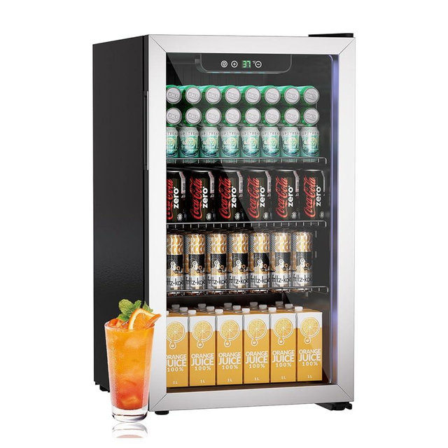 Erivess 3.1 Cubic Feet Mini Fridge,110 Can Freestanding Beverage Refrigerator with Glass Front Door for Soda, Beer Under Counter Small Refrigerator with Adjustable Shelves and Digital Display(Silver)