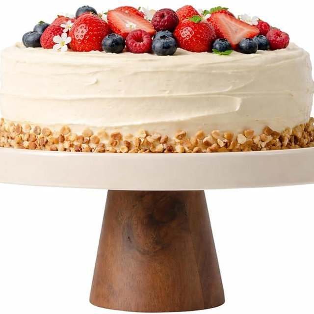 Gibson Elite 10.7-Inch Stoneware Cake Stand with Acacia Wood Base – Taupe Round Dessert Display Stand for Cakes, Cupcakes & Party Entertaining