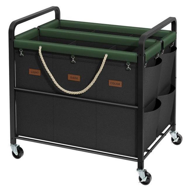 Tajsoon 295L Extra Large Laundry Sorter 6 Section, Heavy Duty Laundry Basket with Lockable Wheels, Laundry Cart with Sturdy Metal Frame, Leather Patchwork Laundry Separated with Removable Bags, Black