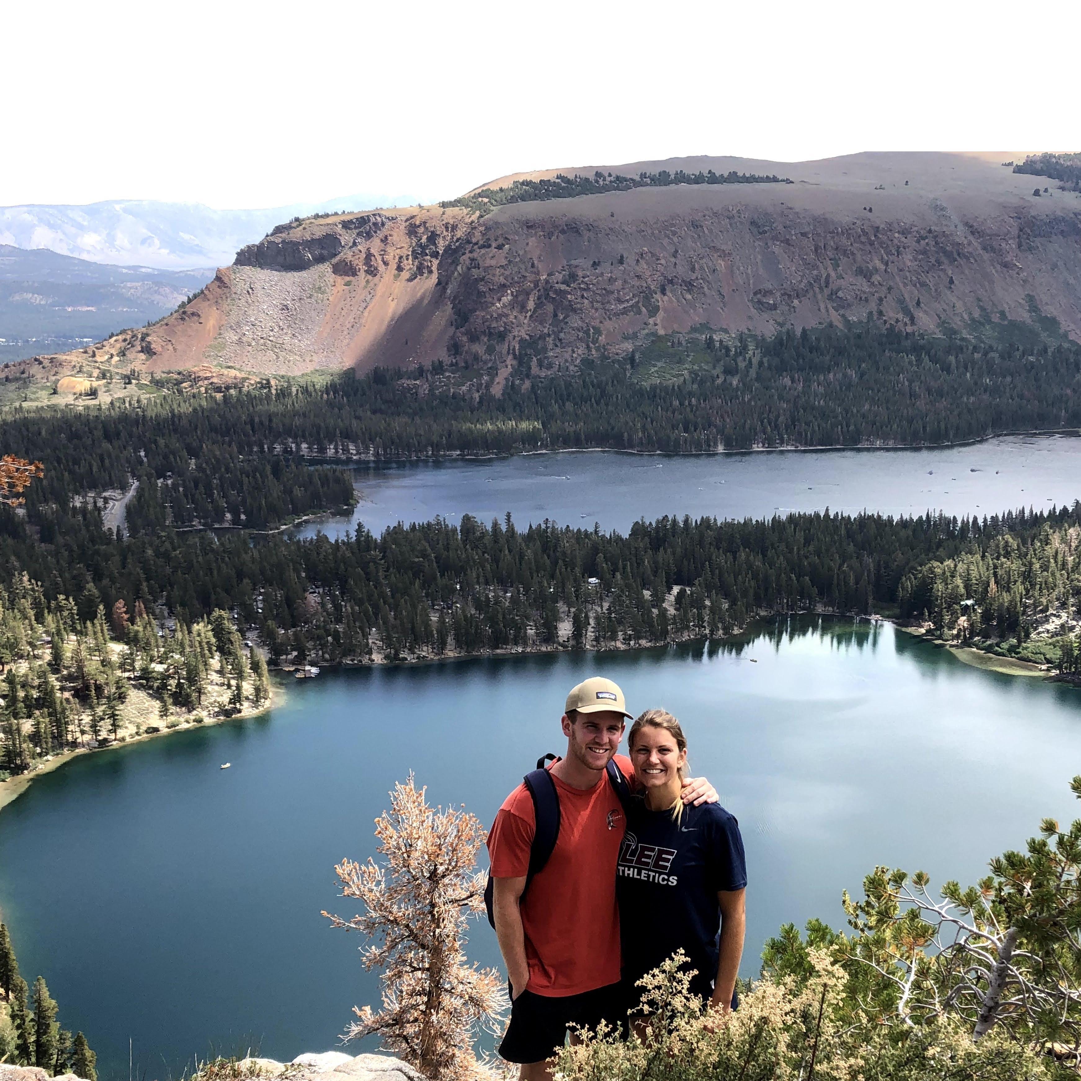 Hiking up Crystal Crag overlooking Lake George and Lake Mary.