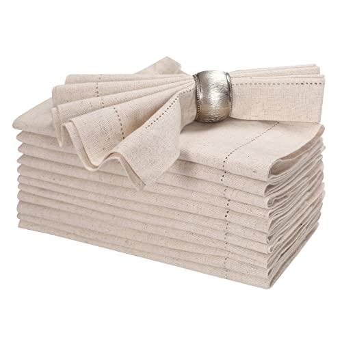 Linen Flax Cotton Cloth Dinner Napkin 18x18" Natural With Hemstitched,Wedding Napkins, Cocktails Napkins, Fabric Napkins, Cotton Napkins Mitered Corners , Machine Washable Dinner Napkins, Set Of 12