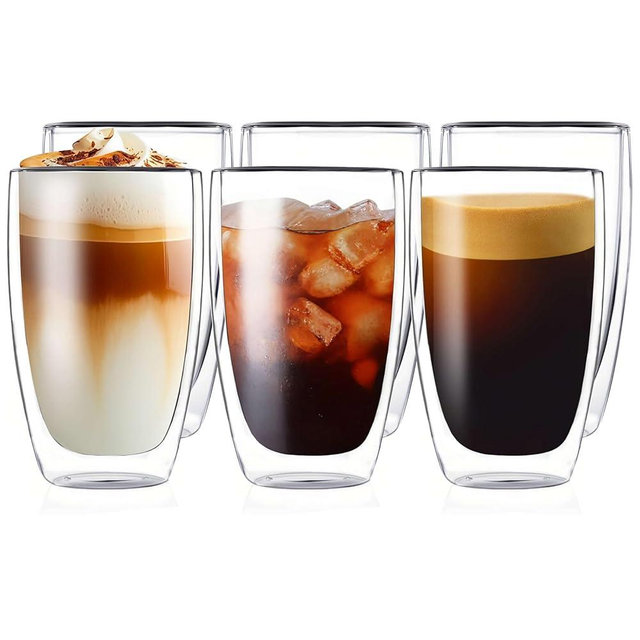 MESNEY 17oz Double Walled Glass Coffee Mugs, Glass Coffee Mugs Set of 6, Insulated Clear Cappuccino Latte Mugs for Home, Cafe & Restaurant, Durable Stackable Drinking Glasses