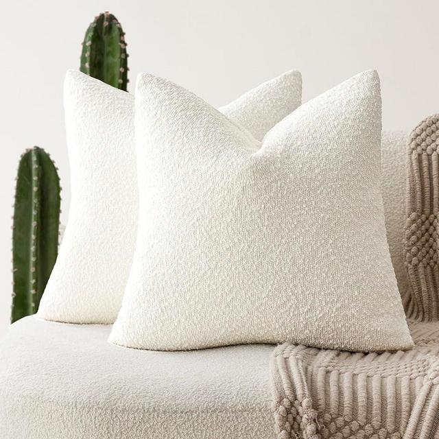 Foindtower Set of 2, Decorative Textured Boucle Throw Pillow Covers Accent Solid Pillow Cases Neutral Soft Cozy Couch Cushion Case for Chair Sofa Bedroom Living Room Home Decor 24 x 24 Inch White