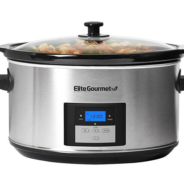 Elite Gourmet Digital Programmable Slow Cooker, Oval 3 Temperature Settings and Timer, 8.5 Quart, Stainless Steel