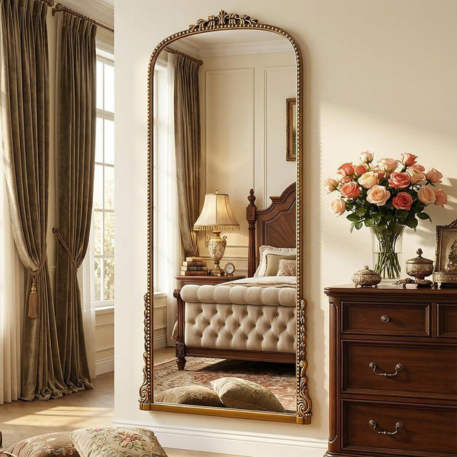 Antok Floor Mirror, 71"×32" Vintage Full Length Mirror Carved Full Body Mirror with Stand, Hanging Mounted for Bedroom Living Room Cloakroom,Gold,Luxury Style