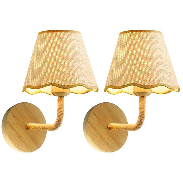PENACINY Set of Two Stick-On Hand Woven Wall Sconces, Battery Operated Wireless Wall Sconces with Remote Controlled, Adjustable Brightness Living Room Wall Decor(E26 Bulb Included)
