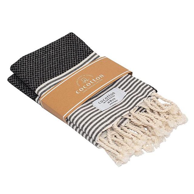 COCOTTON Boho Striped Turkish Hand Towels Set of 2 | 100% Cotton, 16 x 40 Inches | Decorative Bathroom Hair Face Gym Yoga Dishcloth Tea Kitchen Light Weight Quick Dry Farmhouse Towel (Mint) (Black)