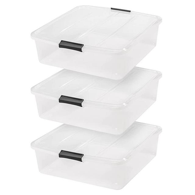 IRIS USA 33 Quart Plastic Buckle Up Under Bed Storage Container with Lids and Durable Buckles MultiPurpose for Clothes, Shoes, Duvets, 3 Pack, Clear/Black (500188)