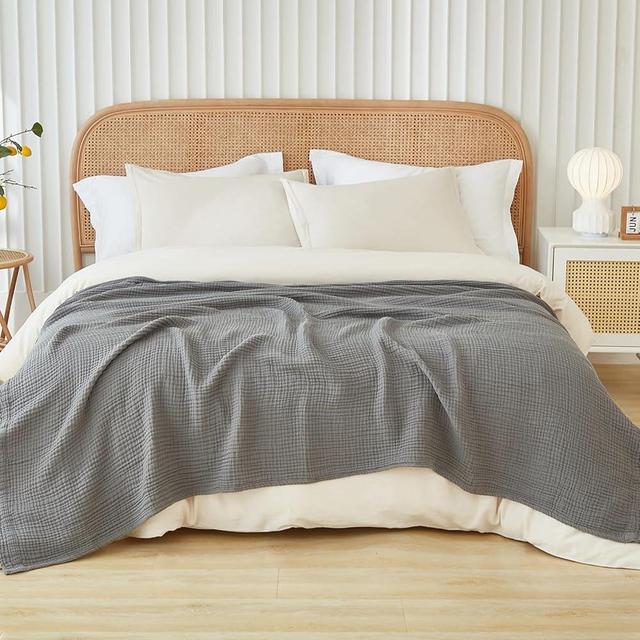 EMME Cotton Blanket King Size for Bed Soft Muslin Blankets 108"x90" Lightweight Breathable Layering Blanket Bedspread Coverlet All Season Gauze Blanket, Grey