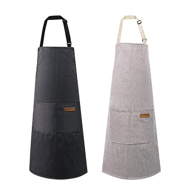 2 Pack Apron, Cotton Cooking Kitchen Aprons, Adjustable Bib Apron with 2 Pockets for Men Women Chef Aprons,(Black/Brown Stripes)