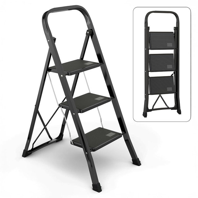 3-Step Ladder with Wide Anti-Slip Platform & Thick Rubber Feet | Heavy Duty Foldable & Portable | 330 lbs Capacity, Steel Frame, Rubber Handgrip, Folding Step Stool