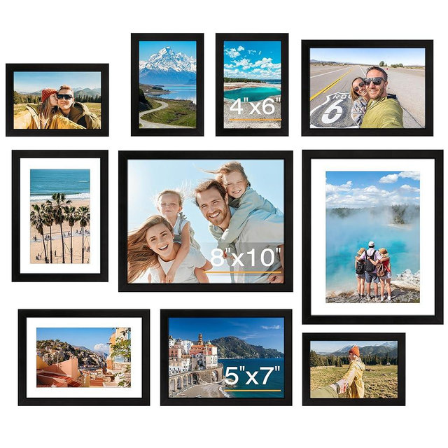 FIXSMITH 10 Pack Picture Frames Collage Wall Decor for Mounting or Tabletop Display, Gallery Wall Frame Set with Two 8x10 Black Frames, Four 5x7 Frames and Four 4x6 Frames, Multi-Pack Photo Frame Set