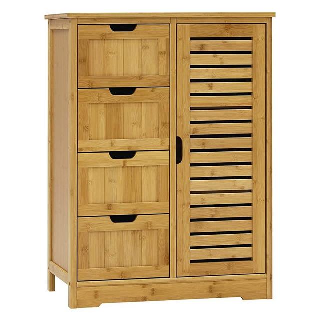 MUPATER Small Bathroom Storage Cabinet Bamboo with 4 Drawers and 1 Cupboard, Freestanding Compact Floor Towel Cabinet Bamboo for Bathroom, Laundry Room, Entryway and Bedroom, Natural