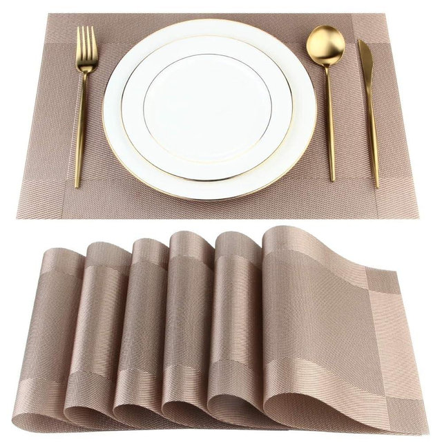 DACHUI Placemats Set of 8, Stylish Woven Place Mats for Dining Table, Washable & Durable PVC Table Mats (Champagne)