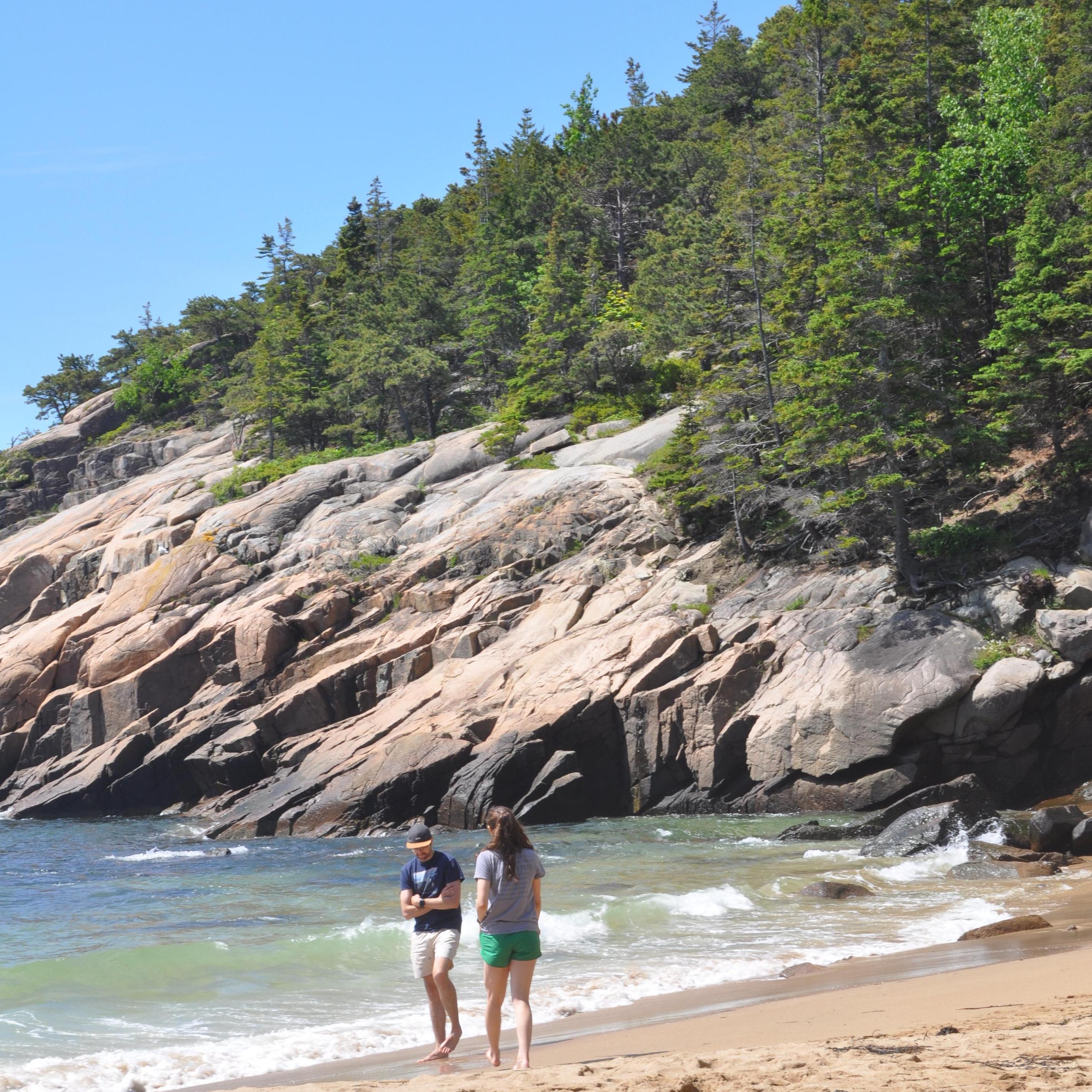Testing the frigid water at Sand Beach