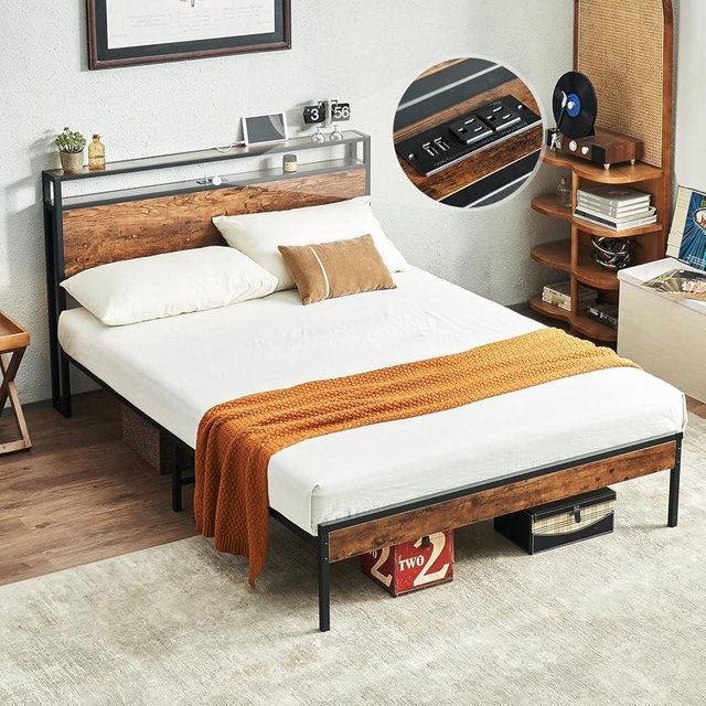 Virabit Full Bed Frame with Headboard, Bed Frame Full Size with Charging Station, No Box Spring Needed, Easy Assemble, Steady and Noiseless.(Brown)