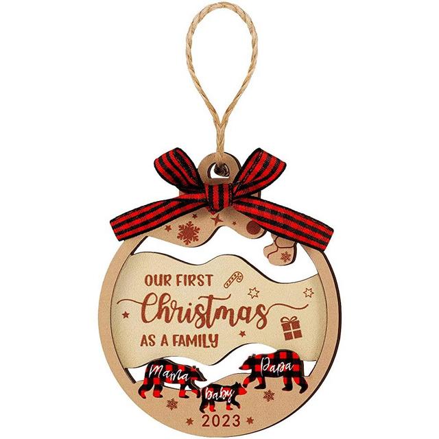 2023 Baby First Christmas Ornament 2023 As a Family of Three Ornament 1st Xmas Hanging Ornament Wooden Hollowed Christmas Bear Keepsake for Baby Papa Mama Parents Bear Couple Christmas Tree Decor