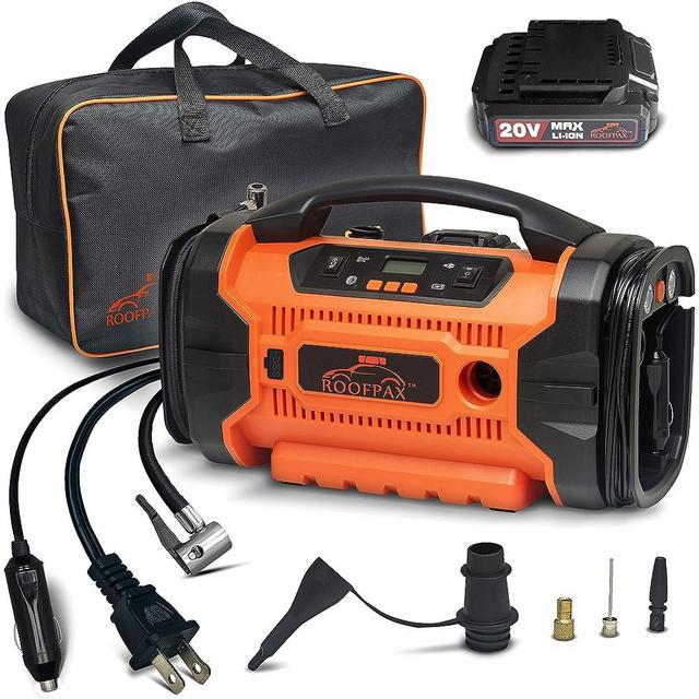 RoofPax Tire Inflator Portable Air Compressor for Car Tires with 3 Power Sources AC/DC and Battery Heavy Duty Inflator/Deflator Air Pump For Cars Bike Tires Inflatables With Digital PSI Gauge