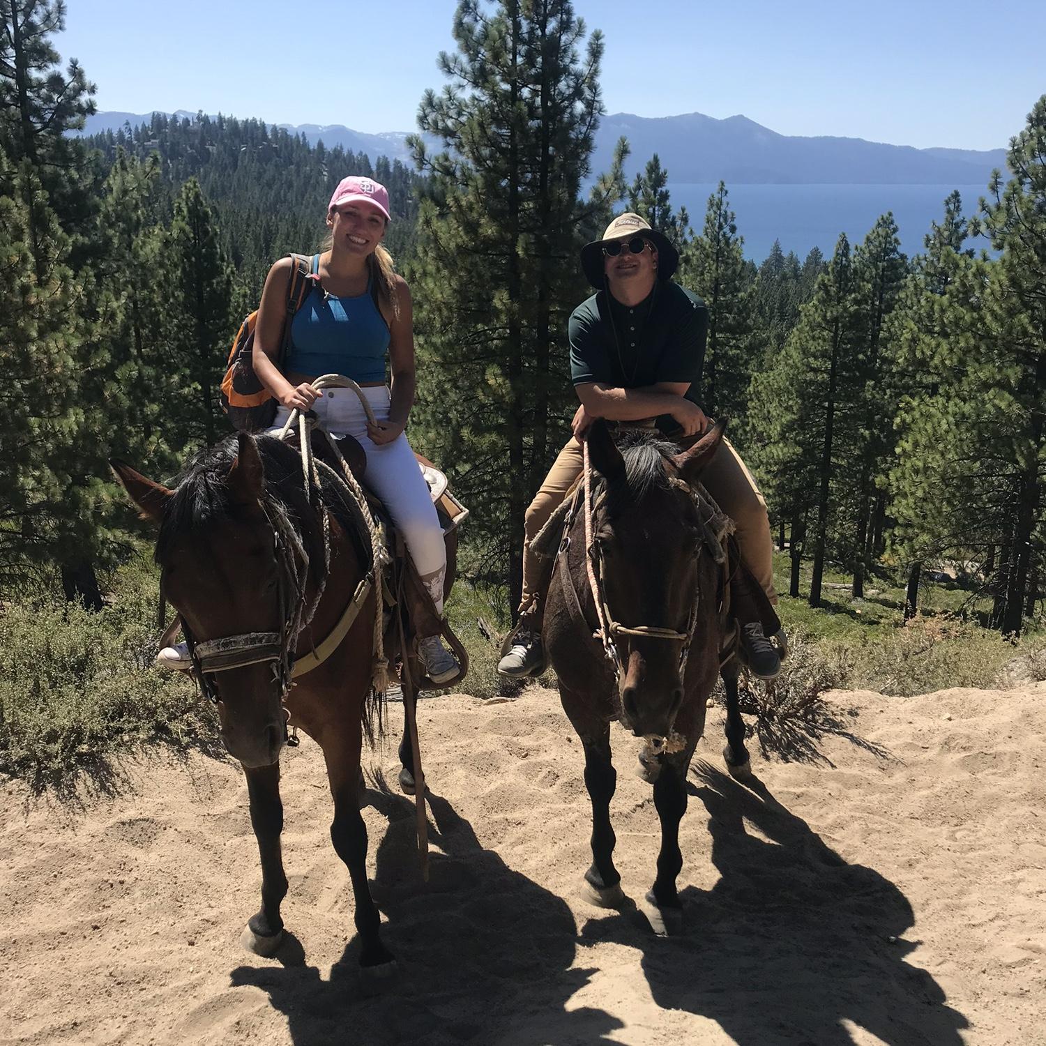 Riding horses in Lake Tahoe near Zephyr cove was a blast—except Shea’s horse kept stopping to munch on plants and left a trail of “presents” all the way up the hill!