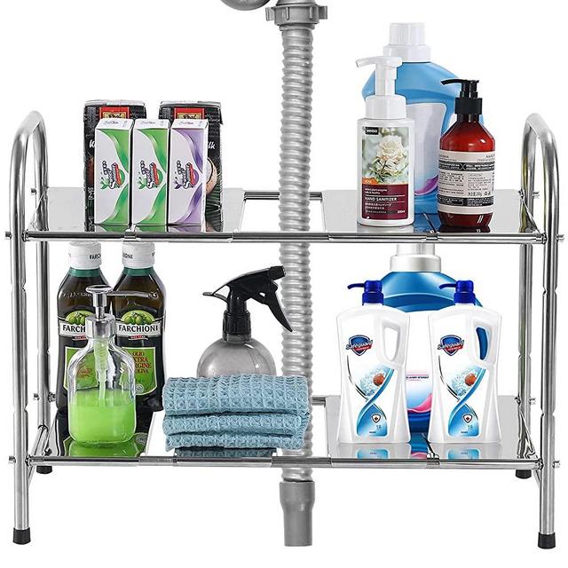 DUSASA 2 Tire Under Sink Organizer Expandable - Stainless Steel Cabinet Shelf Organizer Rack Adjustable Length (15.7" - 26.8") for Kitchen Bathroom Storage Silver